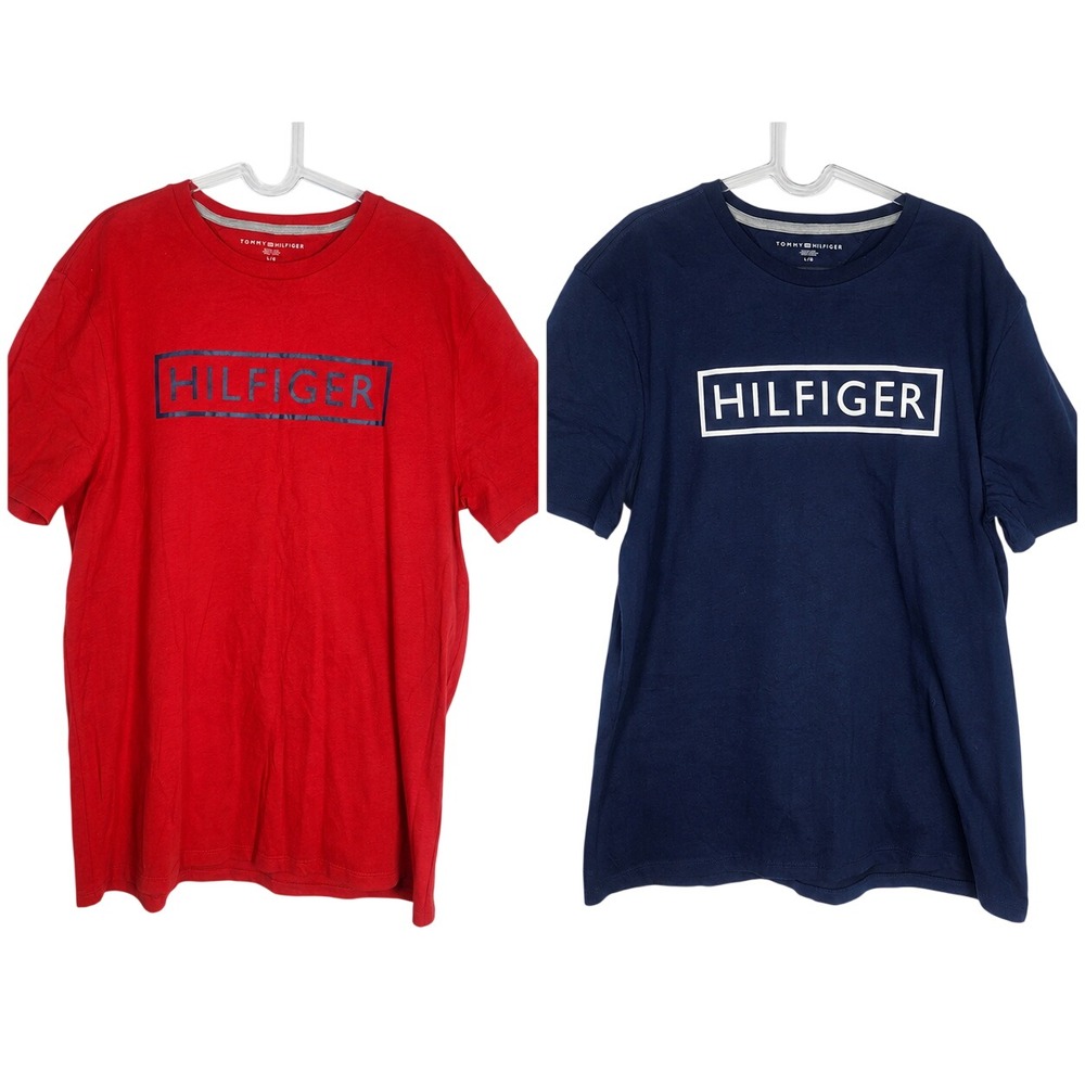 Lot of 2 Tommy Hilfiger Graphic Logo T Shirts Red Navy Blue Cotton Set Men Large